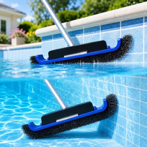 17.5" Pool Brush Head, Curved Swimming Pool Cleaning Brush with Reinforced Aluminum Back & Nylon Bristles, Heavy Duty Scrubber for Pool Walls Tiles Floors, Blue - color: Blue