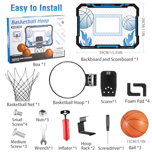 Indoor Basketball Hoop for Kids with Scoreboard Over the Door Basketball Hoop with 3 Balls Basketball Toys Gifts for 5 6 7 8 9 10 11 Years Old Boys Girls Mini Hoop for Bedroom and Birthday/Christmas - style: Blue