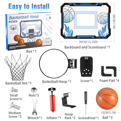 Indoor Basketball Hoop for Kids with Scoreboard Over the Door Basketball Hoop with 3 Balls Basketball Toys Gifts for 5 6 7 8 9 10 11 Years Old Boys Girls Mini Hoop for Bedroom and Birthday/Christmas - style: Blue