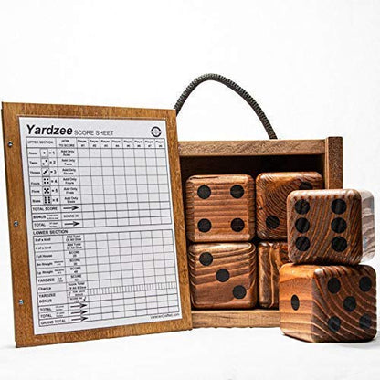 Yard Dice Set includes 8 player dry erase scorecard, 6 Giant Wooden Dice and wood storage box - Lawn Dice yard games are perfect for weddings, picnics, barbeques and more.