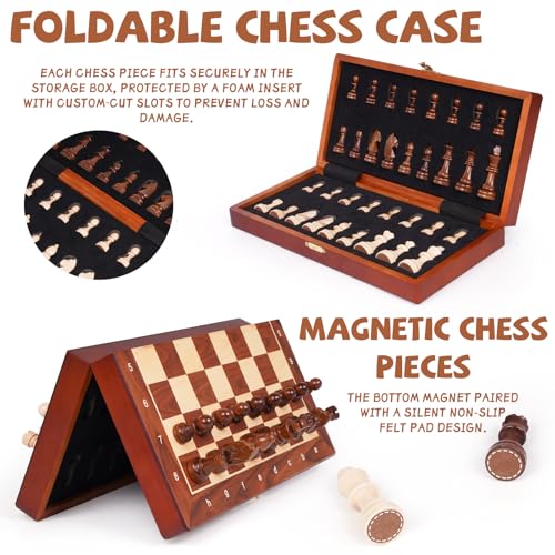 Magnetic Travel Chess Set with Wooden Folding Board – 12 Inch Portable Magnetic Chess Board Game with Handcrafted Wooden Pieces, 2 Extra Queens, Strategy Chess Set for Adults Kids Beginners