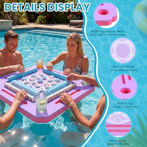 Floating Mahjong Table for Pool, Double Sided Floating Game Table with Cup Holders, for Mahjong Poker Card Games, Floating Mahjong Board for Hot Tub Lake Beach, Adults Summer Party (Purple) - color: Floating Game Table is Purple
