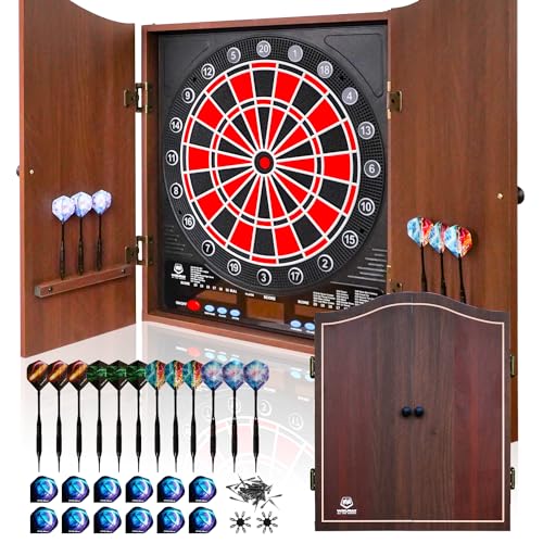 Electronic Dart Board, Soft Tip Dartboard Cabinet Set for Adults, LCD Scoring Dartboard with 34 Games & 355 Variants, Up to 8 Players,12 Darts+100 Tips, Wall Mount for Man Cave Bar Game Room - color: Brown with Light Brown with Yellow Line