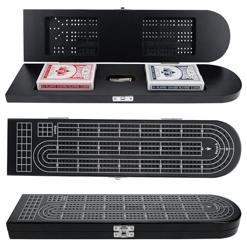 Pacific Shore Games Wooden Cribbage Board Game Set, Black Stained Continuous 3 Track for 2-3 Players with Card Storage - color: Black
