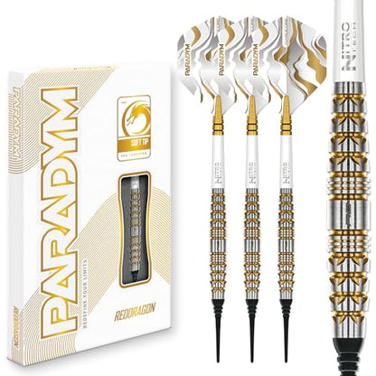 RED DRAGON Darts - Paradym Gold Series - 18g Barrel/ 20g Full Weight - Professional Soft Tip Darts Set - 90% Tungsten Torpedo Barrel - Includes Dart Flights & Stems - Professional Dart Set