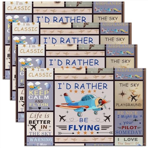 Erosebridal Airplane Placemats 12X18 Inch Set of 4,Cartoon Hot Air Balloon Aviation Aircraft Theme Place Mats for Boys Youth Teens,Geometric Star Square Grid Waterproof Placemats for Dining Table - color: Cream Grayish Blue Yellow