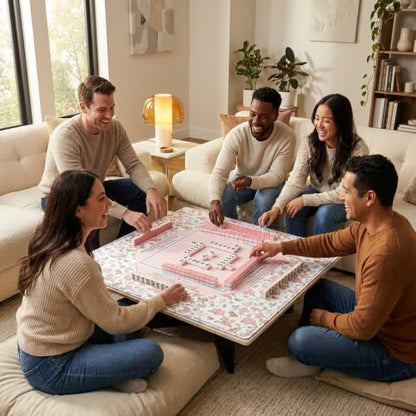 American Floral Mahjong Mat 33"x33", Large Non-Slip Noise Reducing Table Cover, HD Fade-Resistant Printed Mat with Beginner Game Rules & Carry Bag, Square Mat for Poker, Board, Card & All Tile Games - color: Pink-3