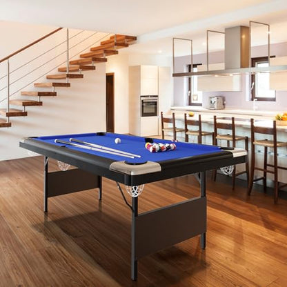 CuisinSmart 6-7 Ft Foldable Billiards Tables, Portable Pool Table, Billiards Tables for Adults Full Size, Outdoor Pool Table Includes Full Set of Balls, 2 Cue Sticks, Chalk and Felt Brush (Blue, 6FT)