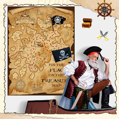 Faccito Pirate Treasure Map Party Games Pin The Flag on The Treasure Map Adventure Pin Game Set Include Poster 24 Flag Stickers Blindfold for Pirate Birthday Party Decorations Activities Supplies - style: Pirate Map