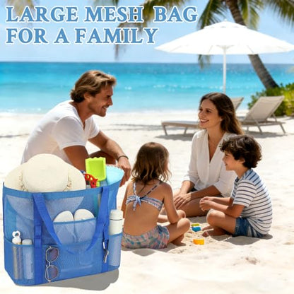 GYEUKHAM Mesh Beach Bag for Women, Sand-Resistant Pool Tote, 9 Pockets (1 Inner Zip), Foldable Family Travel Essentials - color: L-blue
