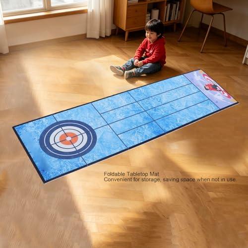 Tabletop Curling Game with Foldable Mat, Portable Party Game Set Desktop Curling Toy for Family Night Travel Office