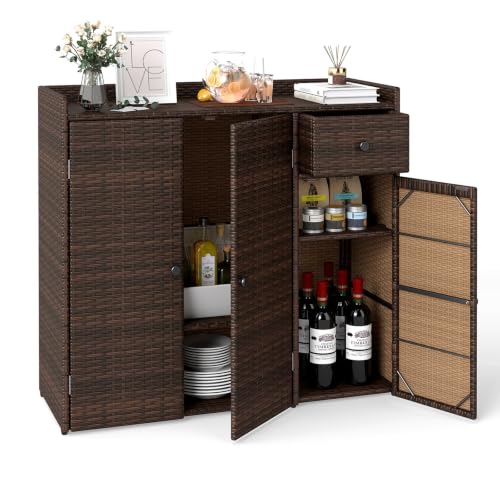 Tangkula Rattan Outdoor Storage Cabinet, Patiojoy Outdoor Cabinet with 2 Adjustable Shelves, 1 Drawer, 3 Doors, Patio Storage Deck Box Table for Patio Garden Poolside - color: Mix Brown, size: 39" x 15" x 38"