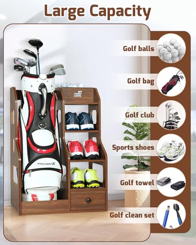 Mythinglogic Wooden Golf Bag Storage Rack, Golf Organizer with Shoe Shelves, Ball Holder & Drawer, MDF Golf Equipment Storage Cabinet for Home, Garage or Simulator Room - size: 1 golf bag rack-Brown