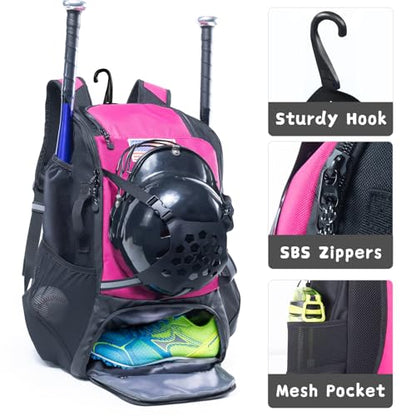 Baseball Backpack for Youth, Boys, Adults - Bat and Softball Equipment Bag With Glove Holder, Helmet, Shoes Compartment - T-Ball Accessories and Baseball Gifts - color: Pink - 42L