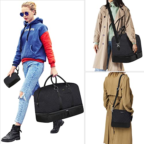 Weekender Bag for Women, Large Overnight Bag Canvas Travel Duffel Bag Carry On Tote with Shoe Compartment 21" 3Pcs Set - color: A06-black+black