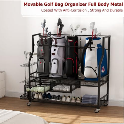 Golf Bag Storage Garage Organizer, Golf Bag Stand Fit for 4 Golf Bags, Golf Clubs, Golf Balls, Golf Equipment Accessories, Golf Bag Storage Rack with Wheels for Garage, Club, Shed, Basement - size: 45.7" L x 42.2 " W x 15.7“ H