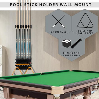 Billmart Wall Mount Pool Stick Holder - Billiards Pool Cue Rack for 6 Cues Sticks Storage Pool Table Accessories, Black