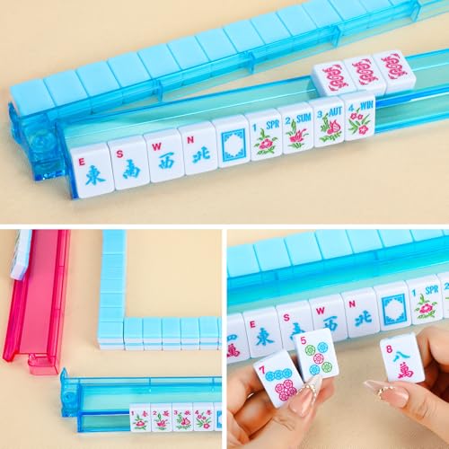 American Mahjong Tile Set,166 Blue Tiles Mahjong Set,4 Colors Mahjong Racks,Travel Mahjong Set with Blue Carrying Bag - style: Blue Bag--Blue Tile