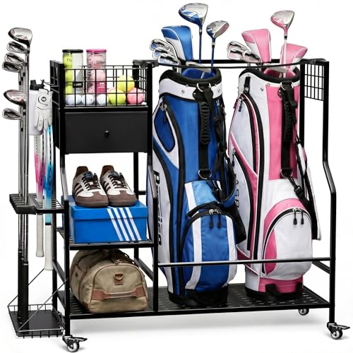 Faesun Golf Bag Organizer for Garage, Golf Bag Storage Rack with 6 Club Slots, Golf Club Organizer with Fabric Drawer & Wheels, Golf Storage Organizer Holds 2 Bags, Golf Rack Storage System