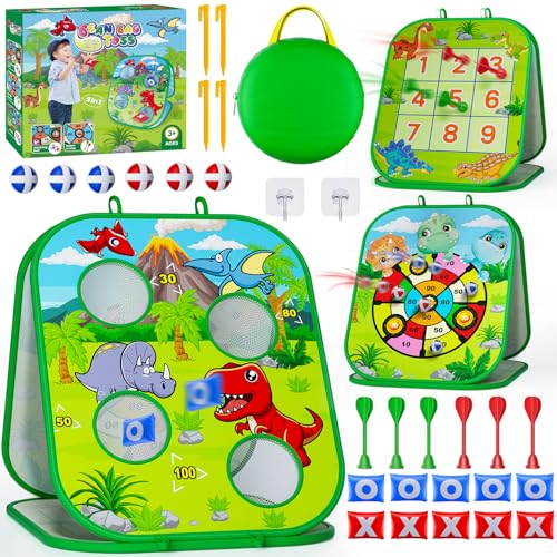 RIEYON 4-in-1 Bean Bag Toss Game for Kids, Toddler Toys for Party Games and Outdoor Toss Games, Gifts for Birthday for Kids Aged 3 4 5 6 7 8 Year Old - color: Dinosaur