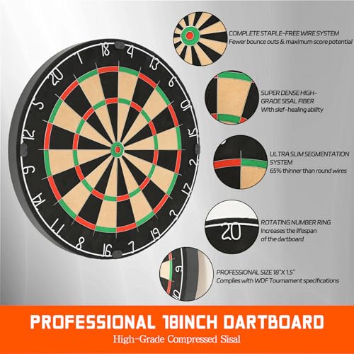 Sisal Dart Board Set, Professional Brazilian Sisal Dartboard-18 with 12 Steel Tip Darts. Stainless Steel Thin Wire System, Rotational Number Ring, Dartboard Mounting Kits Included