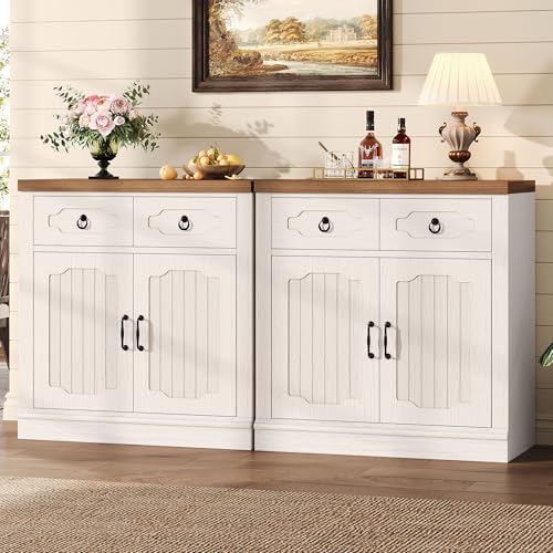 LIKIMIO Buffet Cabinet with 2 Drawers, 32" Sideboard Buffet Storage Cabinet with Doors and Shelves, Farmhouse Coffee Bar Station Kitchen Cabinet for Dining Room, Living Room, Entryway, White