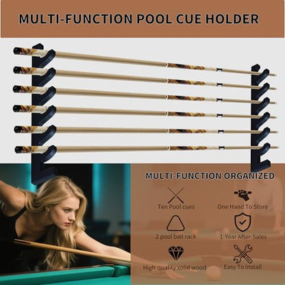 Black Wall-Mounted Pool Cue Holder, Wooden Billiards Pool Stick Rack, Holds 6 Cues and 2 Pool Ball Racks, Pool Table Accessories Organizer for Billiard Rooms or Clubs