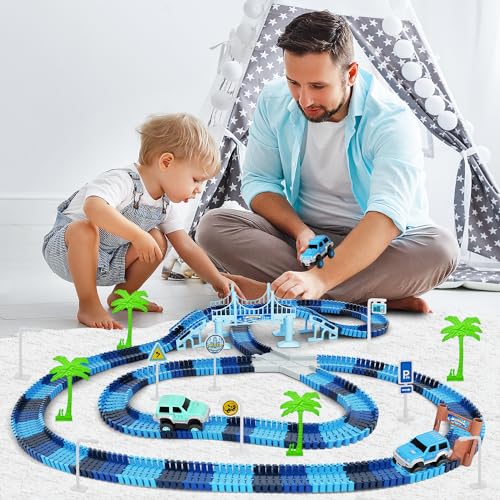 Track Car Toys, 269 PCS Racing Tracks Toy, Create A Frozen World Race Road, Flexible Tracks Playset & 2 PCS Cool Race Cars, Toddler Toys Birthday Gifts for Age 3 4 5 6 Year Old Boys Girls - color: Blue