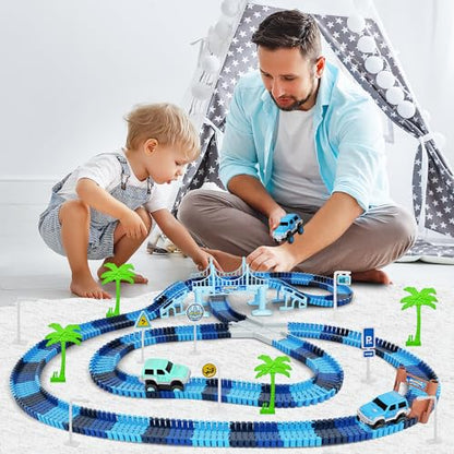 Track Car Toys, 269 PCS Racing Tracks Toy, Create A Frozen World Race Road, Flexible Tracks Playset & 2 PCS Cool Race Cars, Toddler Toys Birthday Gifts for Age 3 4 5 6 Year Old Boys Girls - color: Blue