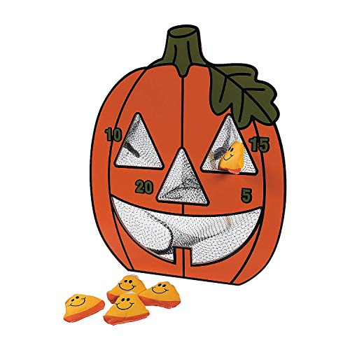 Fun Express Halloween Bean Bag Toss Game for Kids - Jack O Lantern Pumpkin Carnival Games Set with 5 Candy Corn Bean Bags | Perfect for Halloween Party Games, Fall Festival Activities