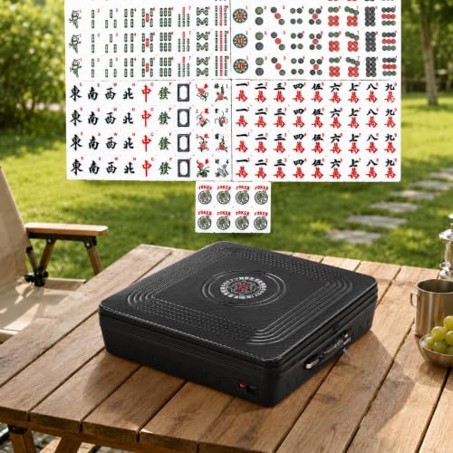 Portable Automatic Mahjong Table, Hand-held Mini-Mahjong, Automatic Mahjong, Foldable Mahjong Table w/American&Chinese -Style Magnetic Tiles, for Outdoor & Home Fun (Black) - color: B-black& American and Chinese Mahjong Tiles