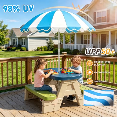 Water Table Umbrella, UV Protection Beach & Picnic Table Umbrella, Heavy Duty Portable Outdoor Shade for Sand Play, Camping, Garden & Backyard. - color: Blue-umbrella