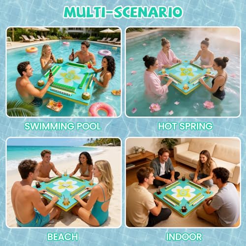 Floating Mahjong Table for Pool, Double-Sided Water Game Tray with Mahjong & Poker Card Playing Surfaces for Poker, Card, Dominoes, Board Games and Summer Pool Party Supplies