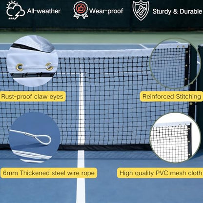 Professional Tennis Net 42ft x 3.5ft – 3.0mm Twisted PE, 4.5cm Mesh, UV/Waterproof, 6mm Steel Cable & Top 6-Row Double Layer – Complete Kit for Court, Backyard or Driveway