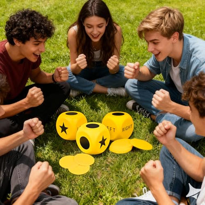 Giant Left Right Point Center Dice Game with 24 Large Chips & Carry Bag. 3.5" Jumbo Foam Indoor/Outdoor & Lawn Dice Game for Family - color: Jumbo Yellow Foam Dice