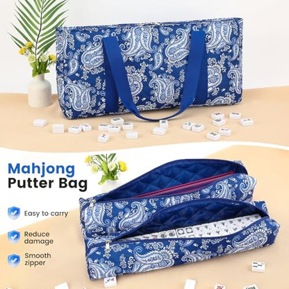 American Mahjong Set, 166 White Tiles with 4 Colors Acrylic Racks, Pushers, Flower Carrying Bag, Portable Travel Set - style: Flower Bag