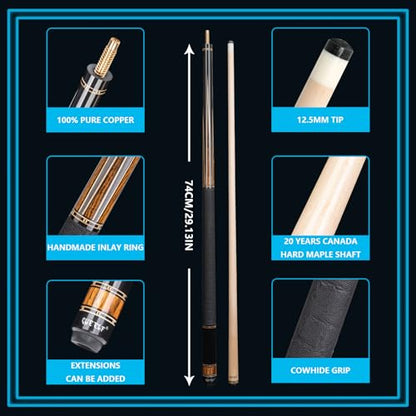CUEELF Professional Pool Cue Stick – Handmade, Low Deflection | Solid Brass Joint Low Deflection Shaft 12.5mm Pro Tip & Inlay Ring Leather Non-Slip Wrap Precision Balanced - color: CJ-SH-02