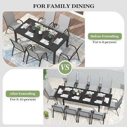 PIZZELLO 9 Pieces Outdoor Dining Set, 106" Aluminum Extendable Patio Dining Table w/ 8Pcs Stackable Textilene Chairs, All Weather Outdoor Table and Chairs Sets for Backyard, Garden, Deck and Poolside - size: 106"Table + 8 Chairs