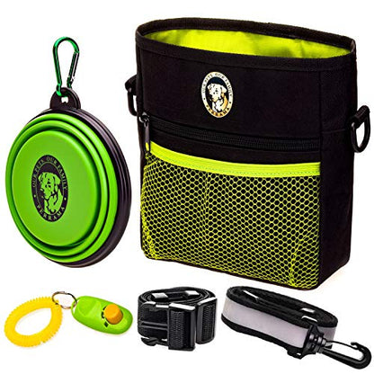 Dog Treat Pouch for Training & Walking, Pet Treat Bag with Poop Bag Dispenser, Pro Clicker, Collapsible Travel Bowl & Reflective Shoulder Strap - Black/Green