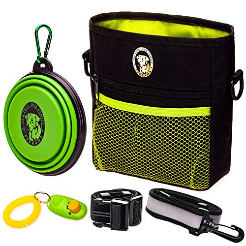 Dog Treat Pouch for Training & Walking, Pet Treat Bag with Poop Bag Dispenser, Pro Clicker, Collapsible Travel Bowl & Reflective Shoulder Strap - Black/Green