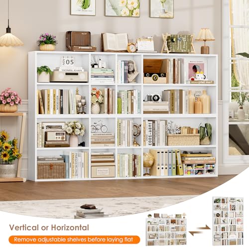 FOTOSOK 71'' Tall Bookshelf with 14 Cubes, 7 Tier Double Wide White Bookshelf with 6 Adjustable Shelves, 19.6" Narrow Bookcase DVD/CD Media Storage, Space Saving Display Shelf Cabinet, White - color: White