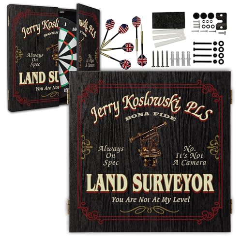 Personalized Dart Board Cabinet Set with 6 Steel Tip Darts, Paper Fibre Dartboard, Chalk & Eraser (21.5 x 21.5 x 2.75") - Occupational Man Cave Dart Boards for Adults - Land Surveyor (412) - style: Land Surveyor Dartboard & Cabinet Set