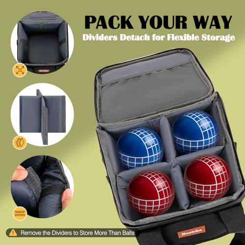 Bocce Ball Bag for 8 Balls, Bocce Ball Set Carrying Case with Removable Dividers, Padded Bocce Storage Bag with Shoulder Strap & Mesh Pockets for Lawn Games, Black (Bag Only)