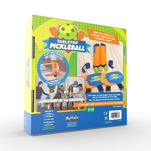 Buffalo Games Tabletop Pickleball Set - 4 Paddles & 3 Balls - Pickleball Set with Net Fits Tables up to 6 ft - Indoor Tabletop Game for Family & Friends - Kids Kit with Kitchen Zone