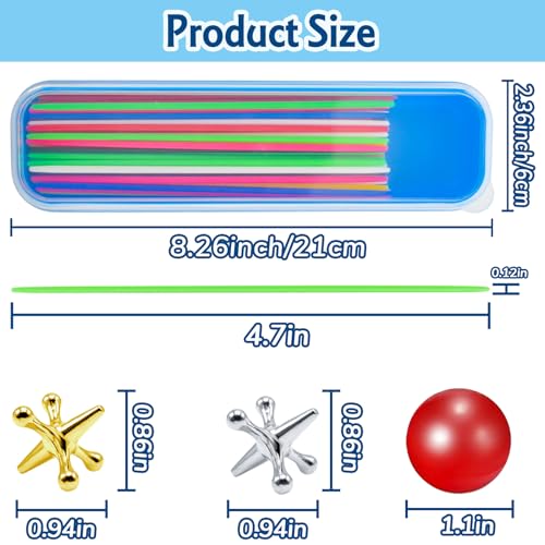 ZeeDix 90 Pcs Pick Up Sticks with 3 Sets Retro Metal Jacks Kit- Include 3 Pcs Red Rubber Balls and 30 Pcs Gold and Silver Metal Jacks, Classic Fun Game Gift of Jacks for Family - style: 4 Set