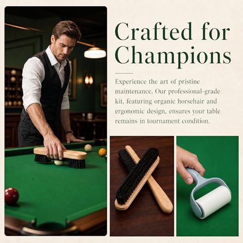 6 Piece Pool Table Cleaning Kit Professional Billiard Felt Cleaner Rail Brush Set with Wooden Brushes Cue Cloths Ferrule Polish Cloths and Sticky Lint Roller for Table Care