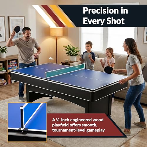 Hathaway Maverick 7 Foot Pool Table with Table Tennis Top – with Accessories for Both Games – Space-Saving Ping Pong and Pool Table Combo for Families – Matte Black Finish