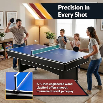 Hathaway Maverick 7 Foot Pool Table with Table Tennis Top – with Accessories for Both Games – Space-Saving Ping Pong and Pool Table Combo for Families – Matte Black Finish