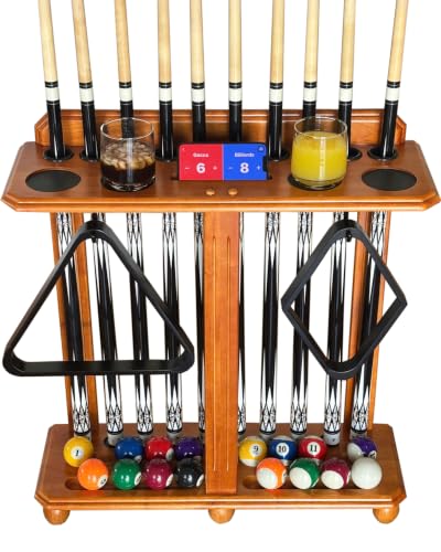 Premium Solid Hardwood Pool Cue Stick Holder Floor Standing - Wooden Billiard Rack forTen Cues and Full Table Accessories, Elegant Durable Storage for Game Room - color: Oak