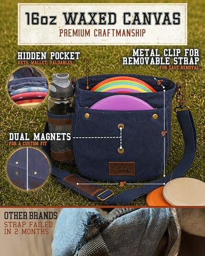 Disc Golf Bag | Frisbee Golf Bag | Easy to Carry | Lightweight Fits Up to 10 Discs | 16 oz Waxed Canvas Sturdy Design | Belt Loop | Double Button Design | Bottle Holder - style: Waxed Canvas / Leather - Blue